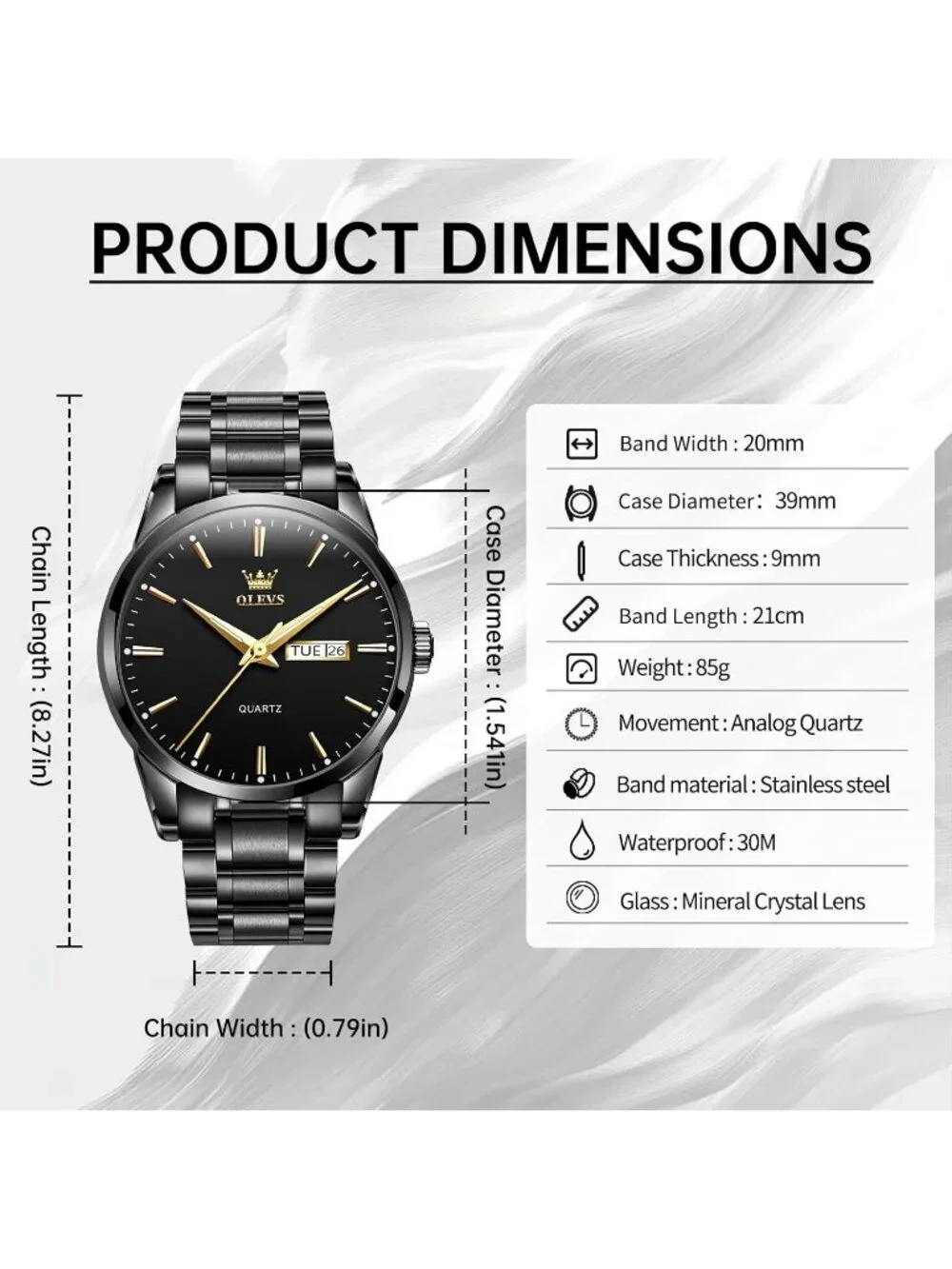 Men's Black Stainless Steel Solid Luminous Quartz Waterproof Round Classic Watch